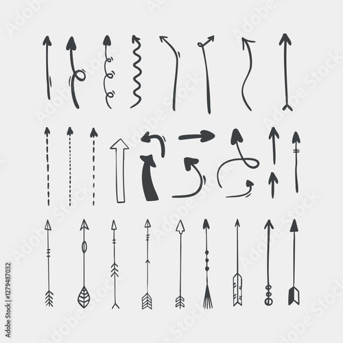 Vector illustration black hand drawn arrow set, vector arrow. Collection of different arrows icons. Arrow icon. Cursor, pointer for web design, interface. Digital graphic elements concept.