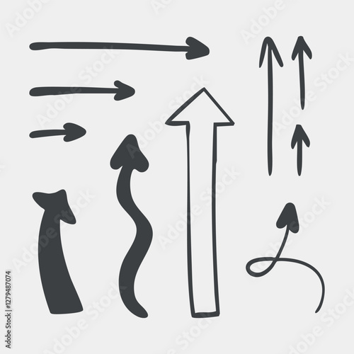 Vector illustration black hand drawn arrow set, vector arrow. Collection of different arrows icons. Arrow icon. Cursor, pointer for web design, interface. Digital graphic elements concept.