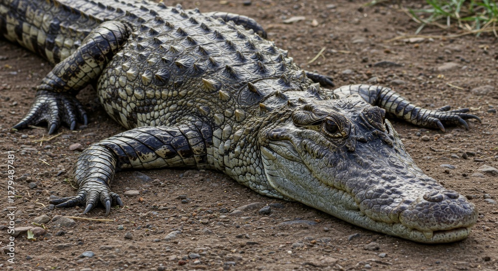 Detailed Portrait of a Wild Crocodile Resting Peacefully on Brown Earth Detailed Portrait of a Wild Crocodile Resting Peacefully on Brown Earth