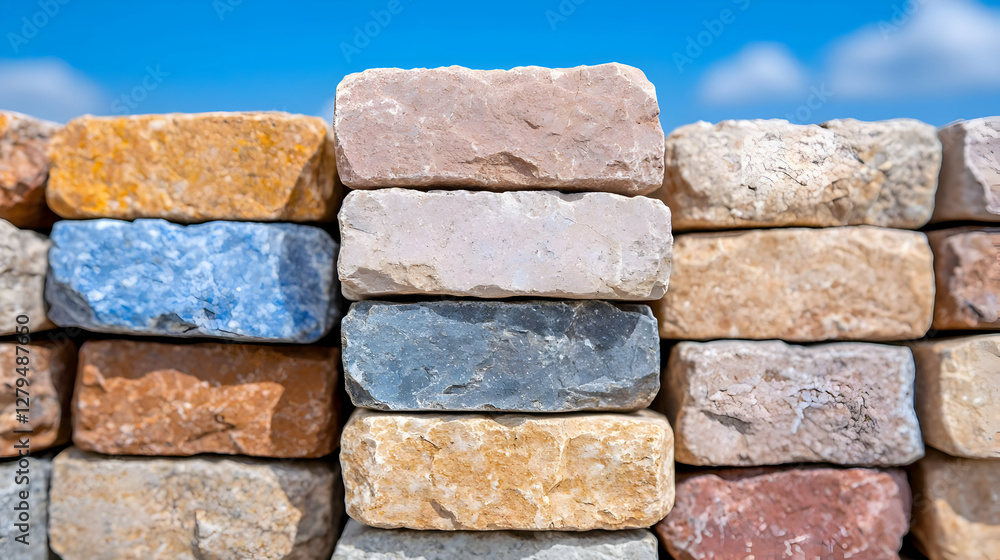 Obraz premium Colorful stone bricks stacked outdoors, bright sky. Construction material sample