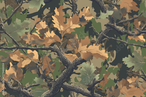 Camouflage seamless pattern. Forest real tree camouflage design. Hunting camouflage.