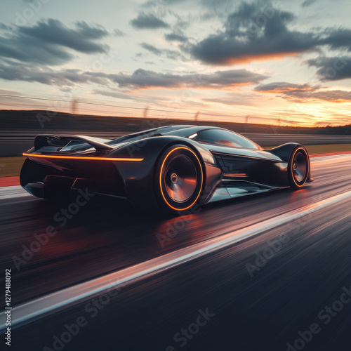 *Concept image of an electric hypercar on a racetrack, with motion blur showcasing speed and advanced aerodynamics* 