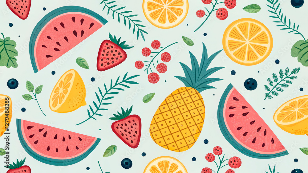 Seamless Pattern With Watermelon, Pineapple, Orange, Cherries, Blueberries, And Strawberries On A Light Background, Ideal For Textile, Packaging, Wallpapers, And Summer-Themed Designs... Seamless Pattern With Watermelon, Pineapple, Orange, Cherries, Blueberries, And Strawberries On A Light Background, Ideal For Textile, Packaging, Wallpapers, And Summer-Themed Designs...