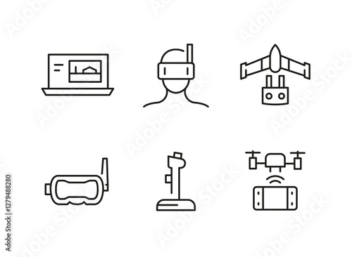 Drone icons. Set of 6 drone trendy minimal icons. Example: Quadcopter, remote control, battery, camera, FPV goggles icon. Design signs for web page, mobile app, packaging design. Vector illustration.