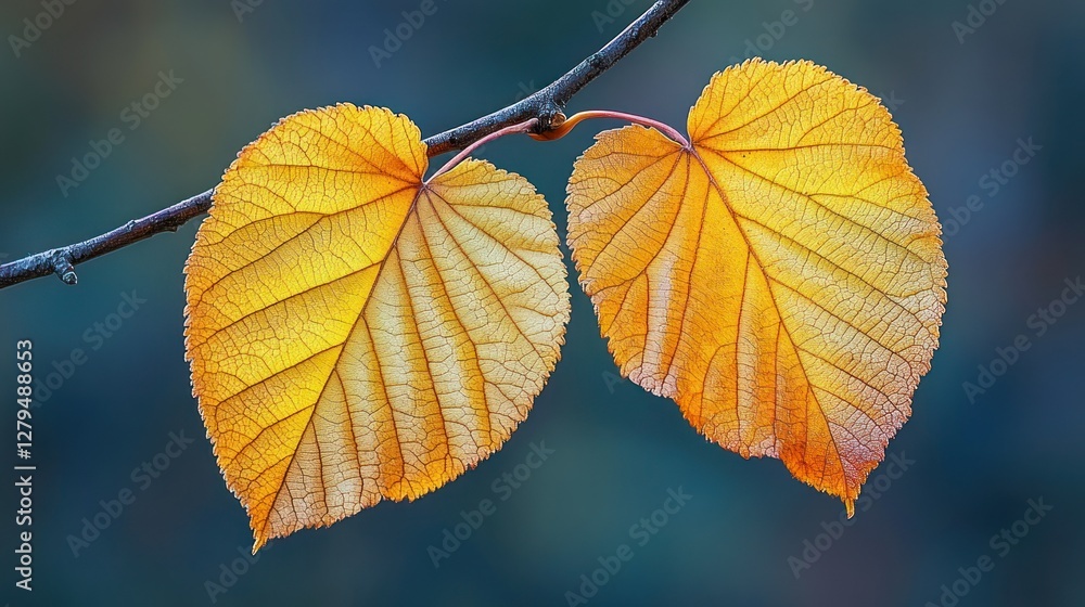 Golden autumn leaves on branch, blurred background, nature photography Golden autumn leaves on branch, blurred background, nature photography