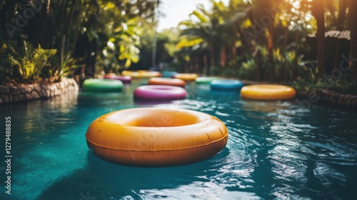 Colorful Floating Tubes in Refreshing Tropical Swimming Pool photo