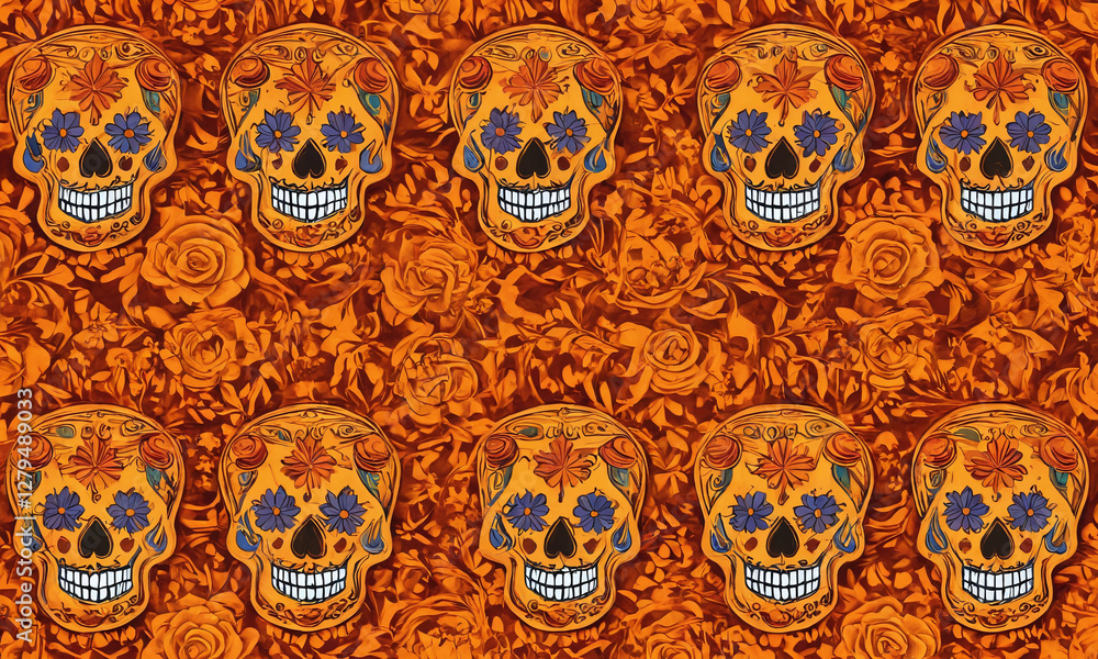 Obraz premium Colorful sugar skull design pattern with floral accents in vibrant shades on an orange background