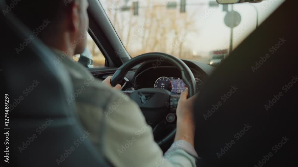 Man driving car through the streets of the city Man driving car through the streets of the city