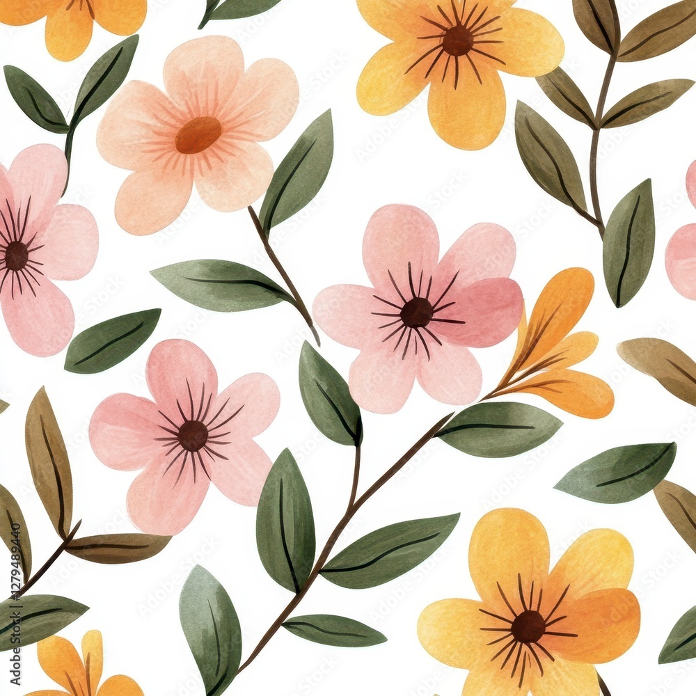 Watercolor Pink and Yellow Flowers Seamless Pattern on White Background Watercolor Pink and Yellow Flowers Seamless Pattern on White Background