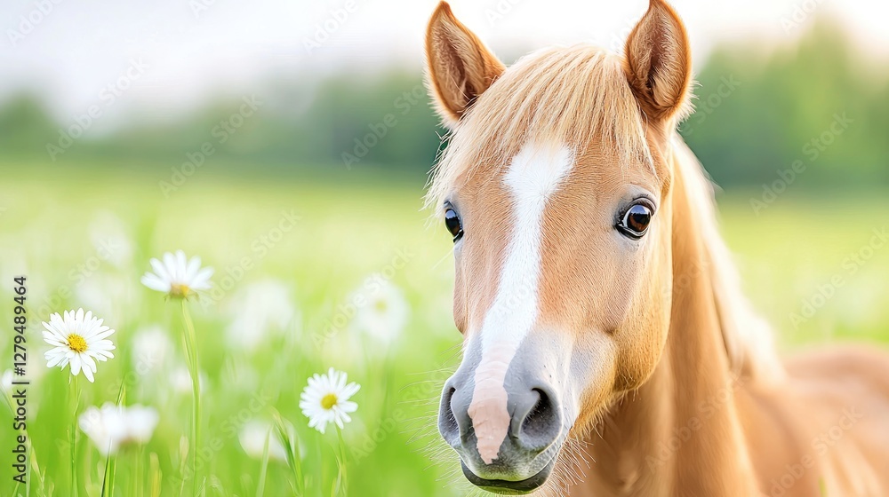 Naklejka premium Palomino pony in daisy field, spring pasture. Stock photo for equestrian websites