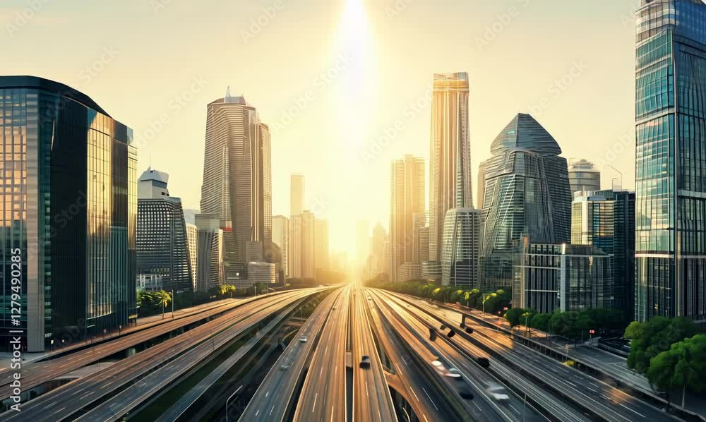 panoramic view of bustling corporate buildings under sunlit skies panoramic view of bustling corporate buildings under sunlit skies