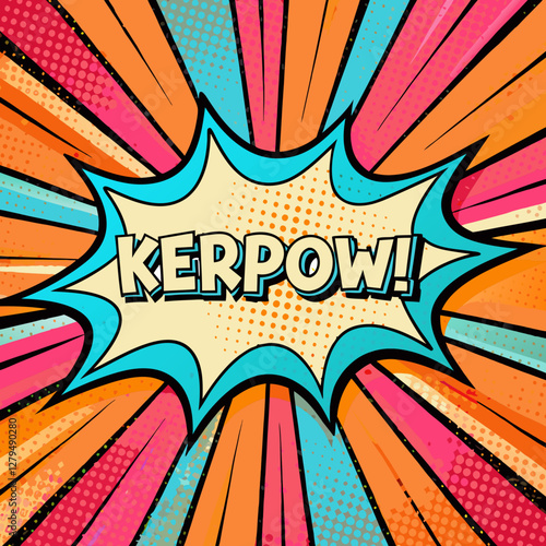 Retro comic book explosion art with "kerpow" speech bubble in vibrant colors for pop art design, for pop art posters and dynamic social media post communications