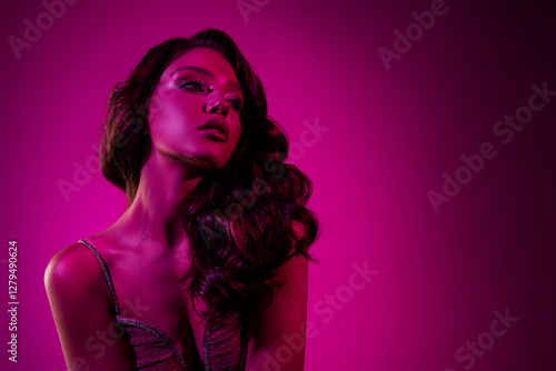Elegant young woman posing against a vibrant pink background, radiating charm and confidence in a glamorous outfit.