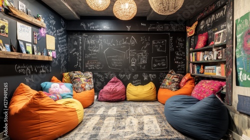 Creative, cozy seating area with chalkboard wall photo