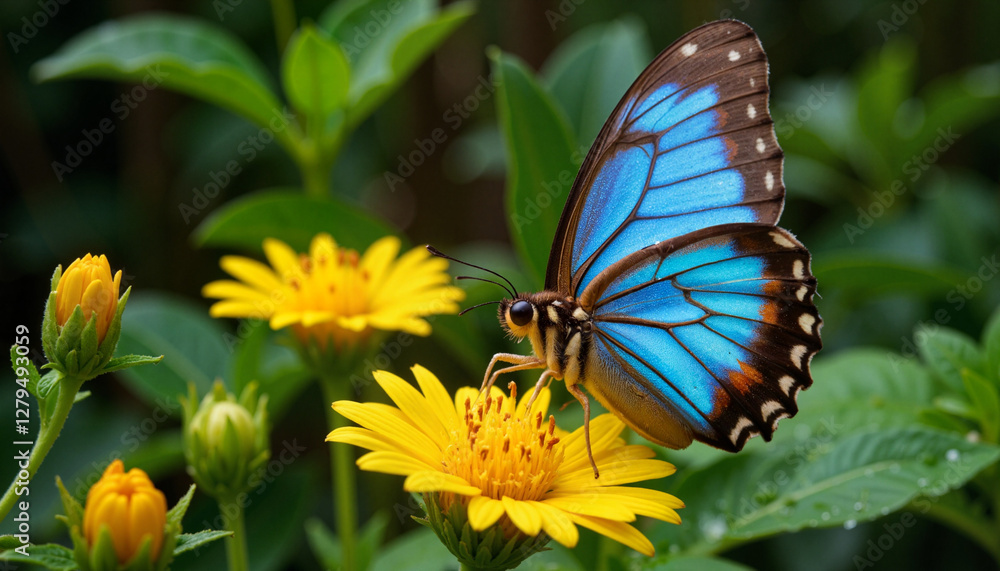 Blue butterfly resting on yellow flower Blue butterfly resting on yellow flower