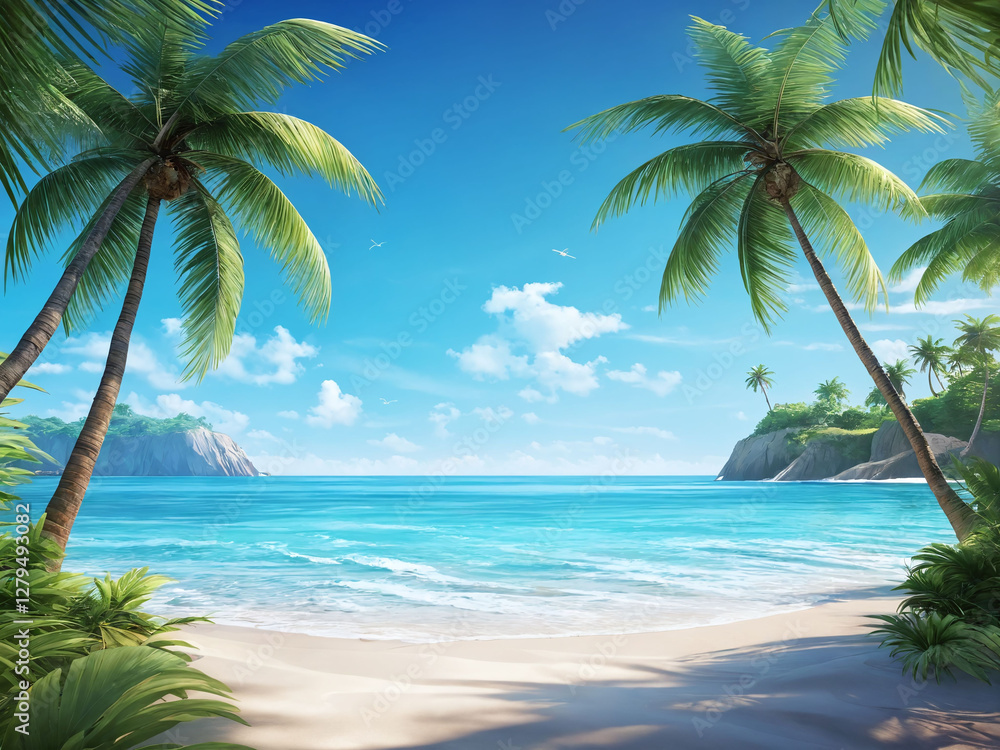 Fototapeta premium Serene tropical beach with clear blue waters and vibrant palm trees on a sunny day in paradise