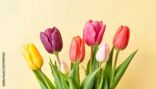 Colorful tulips in a bouquet against a yellow background