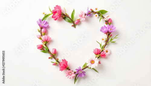 Heart-shaped floral arrangement with colorful flowers on white background