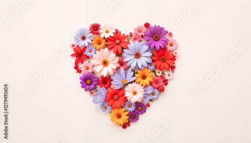 Heart-shaped arrangement of colorful flowers on a light background