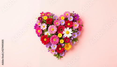 Heart-shaped arrangement of colorful flowers on pink background