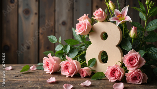 Number 8 made of floral arrangement with pink roses