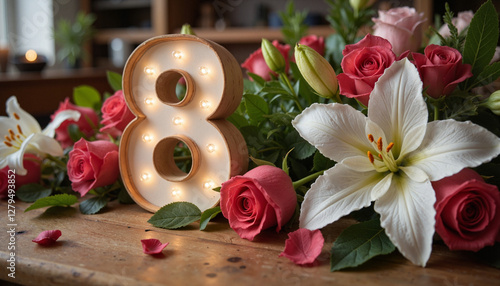 Illuminated number 8 surrounded by pink roses and white lilies
