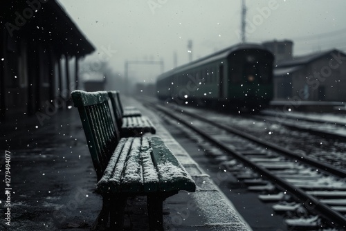 Snow falls gently on a quiet train platform with empty benches at dusk. Generative AI