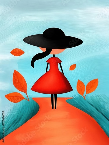 A whimsical girl in a red dress walks along a colorful path. photo