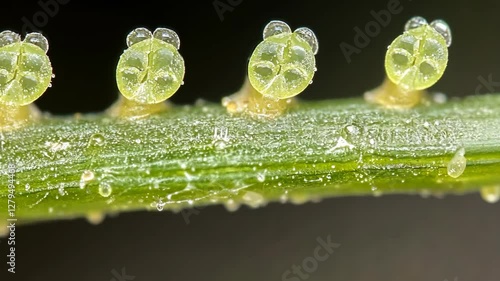 Close-up view of plant structure showcasing tiny glandular trichomes covered in liquid during daylight