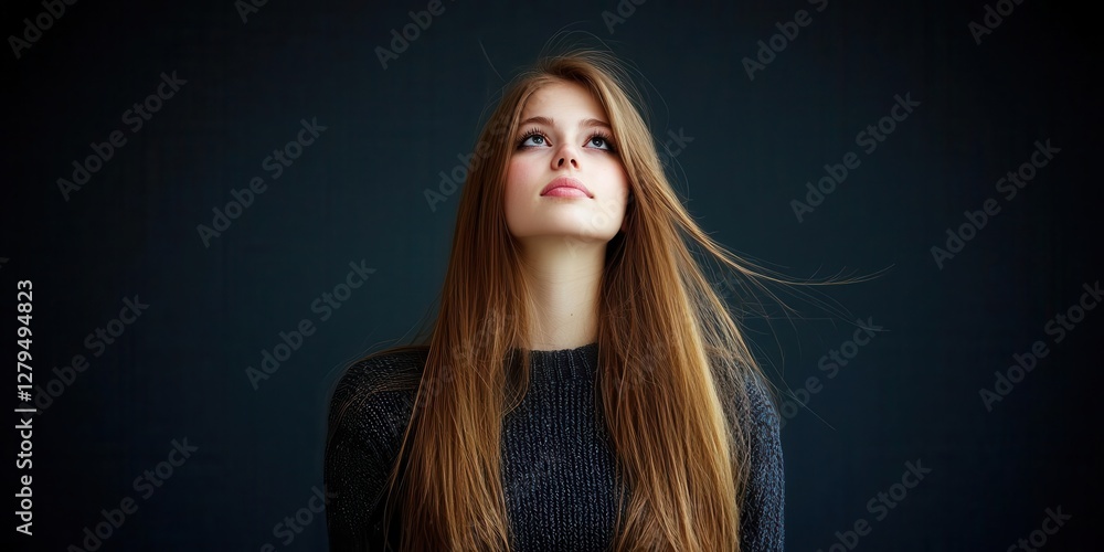 Fototapeta premium A young woman gazes thoughtfully into the distance.
