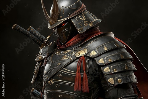 Dark and brooding samurai warrior stands in full armor.