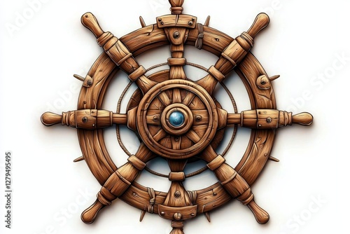Detailed wooden ship helm design set against a white backdrop.