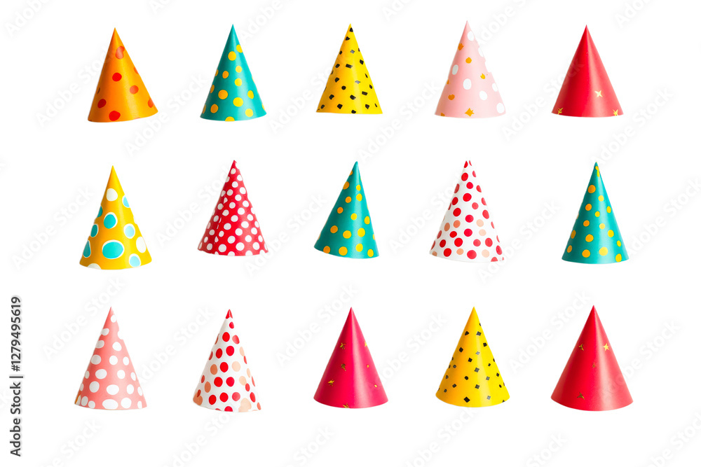 Colorful party hats arranged in a playful pattern Colorful party hats arranged in a playful pattern