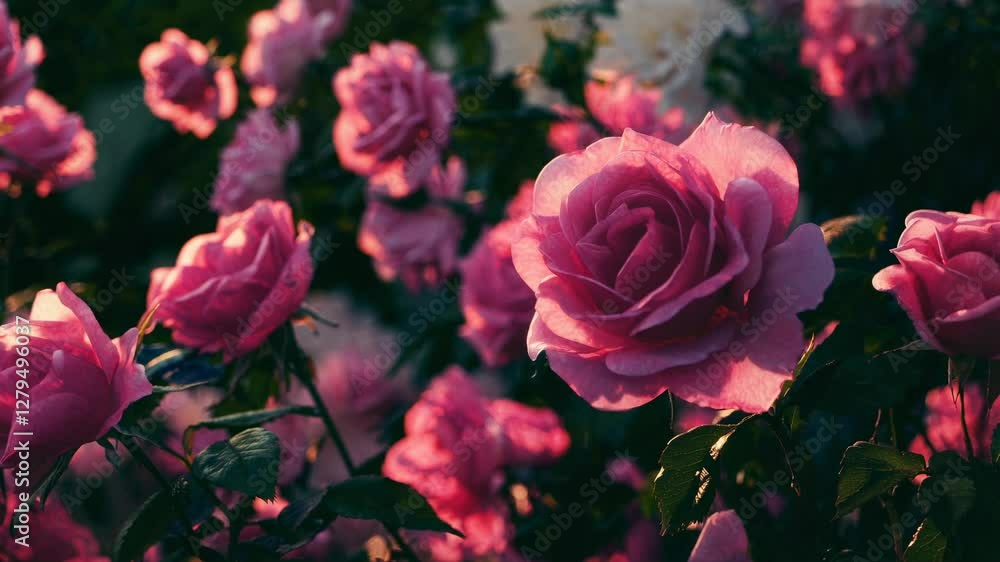 A dreamy, close-up video angle of pink roses bathed in warm sunlight, capturing the essence of romance and natural beauty in a soft, vintage style. A dreamy, close-up video angle of pink roses bathed in warm sunlight, capturing the essence of romance and natural beauty in a soft, vintage style.
