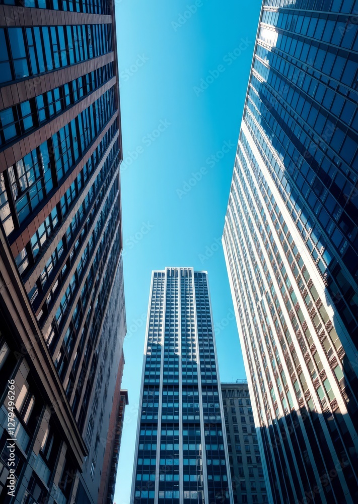 Looking up at a clear blue sky surrounded by tall buildings in an urban area skyscraper city building skyscraper downtown business architecture cityscape