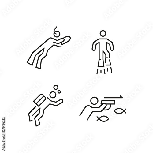Diving icons. Set of 4 water sports trendy minimal icons. Examples: Scuba Diving, Surfing. Design signs for web page, mobile app, packaging design. Vector illustration.