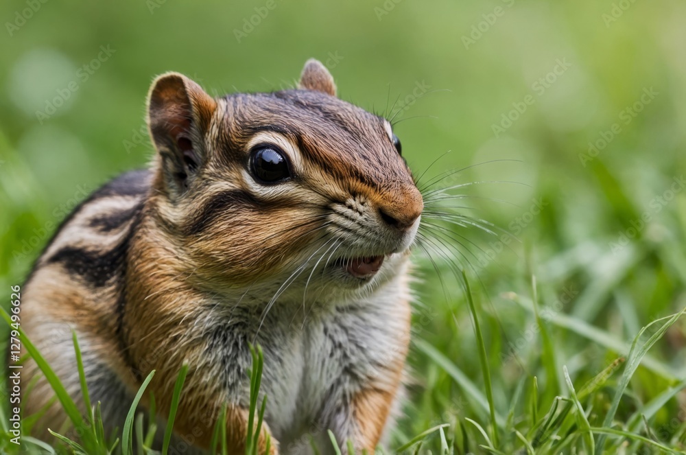 A curious chipmunk emerges from the green grass, its eyes wide and whiskers twitching in the sun. A curious chipmunk emerges from the green grass, its eyes wide and whiskers twitching in the sun.