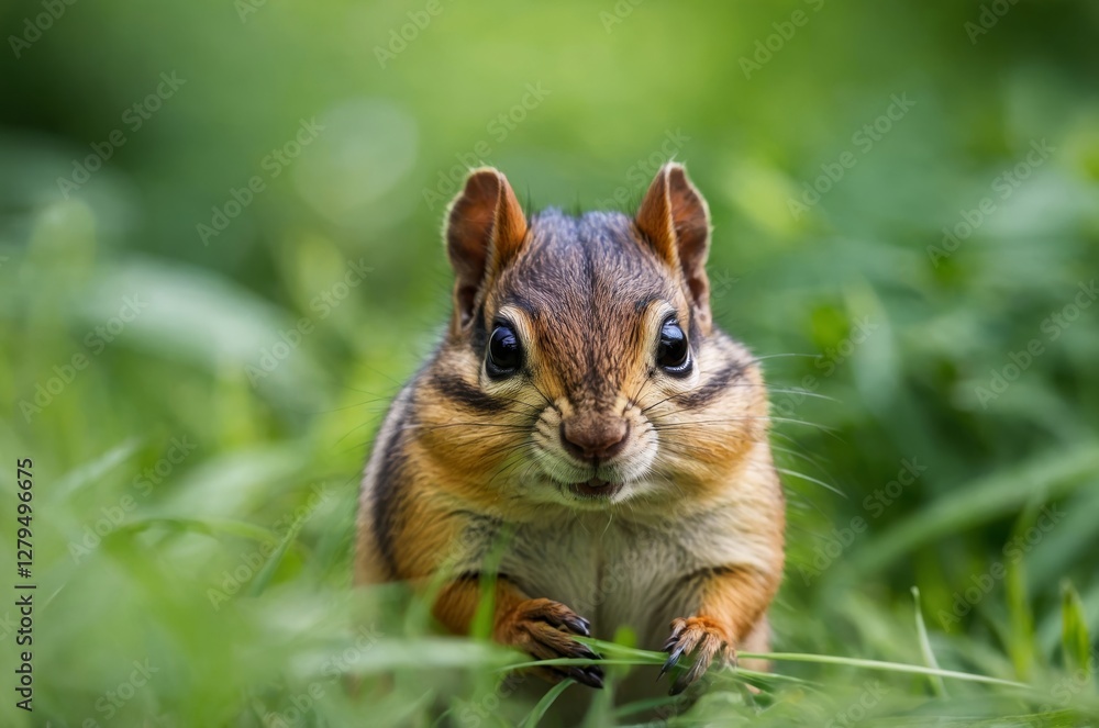 A charming chipmunk with full cheeks peeks through the tall grasses, looking directly at the viewer.