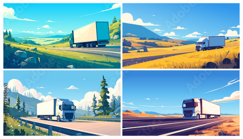 Truck on road. Cargo transport landscape delivery, vehicle drive on highway travel vector illustration