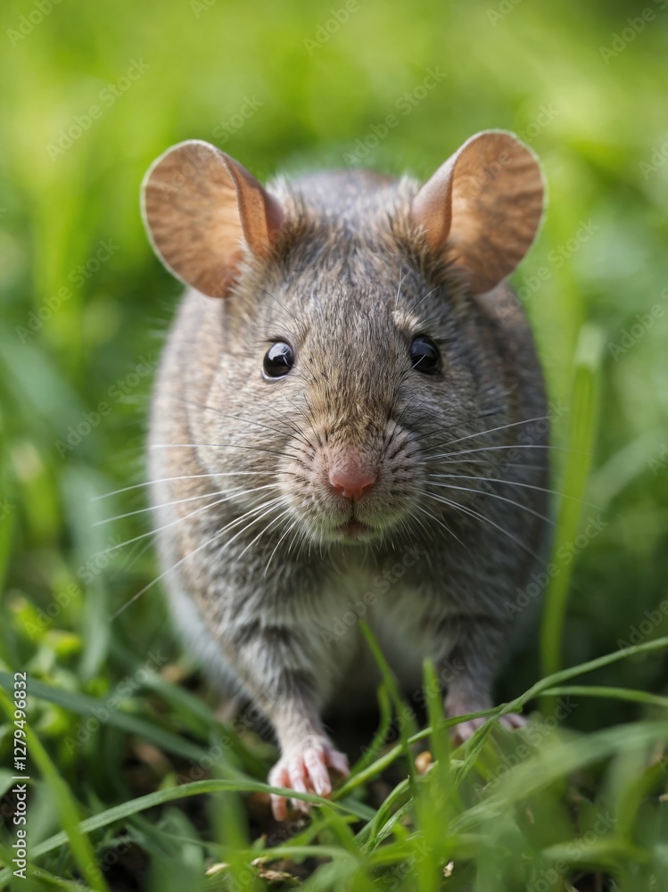 A charming field mouse with alert, perky ears peeks out from lush green grass, staring ahead. A charming field mouse with alert, perky ears peeks out from lush green grass, staring ahead.