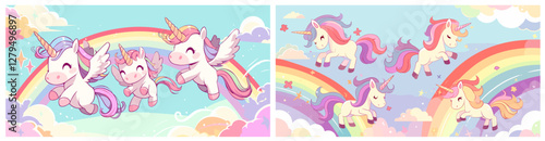 unicorns background cartoon. unicorn on rainbow, fairy tale cute fictional character white horse horn sky clouds vector illustration