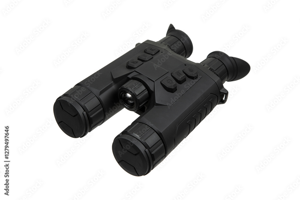 Black night vision binoculars with digital controls, multiple buttons, and eyepieces, suitable for outdoor activities or professional use, isolated on a white back. Black night vision binoculars with digital controls, multiple buttons, and eyepieces, suitable for outdoor activities or professional use, isolated on a white back.