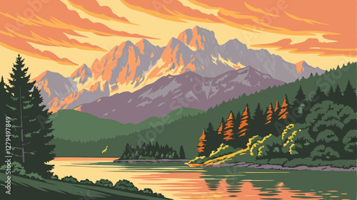 Mountain Range at Sunset With Forests and Lake Scenery. Impressive summer sunrise on Eibsee lake with Zugspitze mountain range.