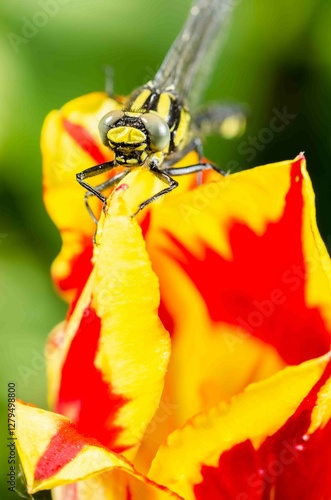 Dragonfly on a yellow and red flower bud.