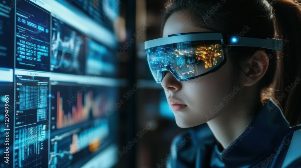 Woman wearing futuristic glasses looking at computer screen with data visualizations. Woman wearing futuristic glasses looking at computer screen with data visualizations.