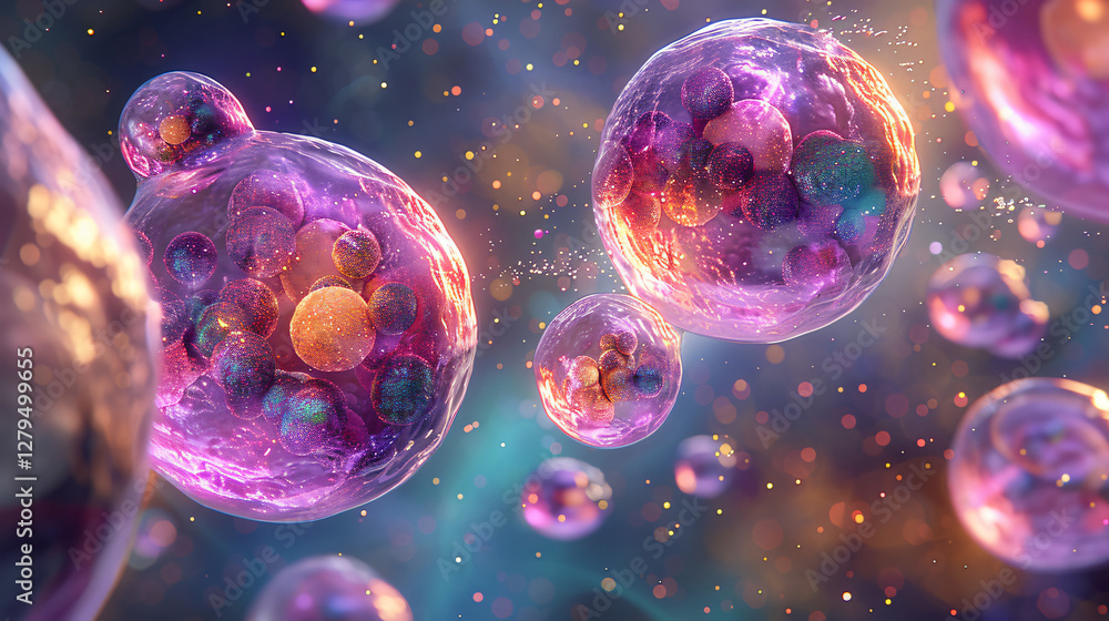 Naklejka premium A digital rendering of hydrogel smart materials interacting with cells, with nanotechnology enabling precise medical applications and healing processes.