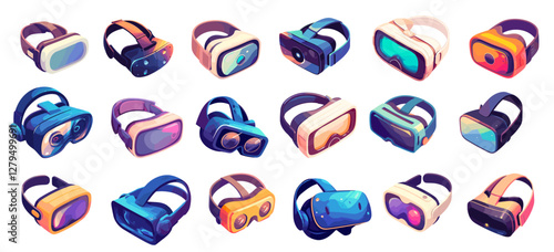 Virtual reality helmet. Vr headset goggles device for game, electronic gaming contraption innovation vector illustration