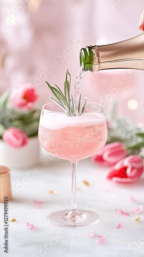 Pouring sparkling rosÃ© with rosemary garnish among spring tulips and petals