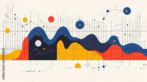 Abstract data visualization with colorful waves and graphs representing statistical trends