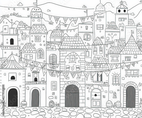 Wallpaper Mural A cozy village celebrating Easter with banners, coloring page for kids, simple outline illustration. Coloring book. Torontodigital.ca